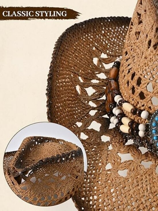 Straw Cowgirl Hat Summer Western Wide Brim Boho Western Style and Design NEW